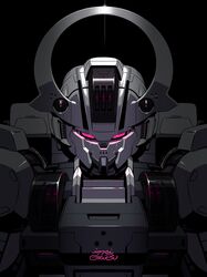  artist_name black_background glowing glowing_eyes gundam gundam_suisei_no_majo gyoubu_ippei highres looking_at_viewer mecha mobile_suit no_humans pink_eyes portrait robot schwarzette science_fiction simple_background solo straight-on 