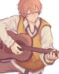  1boy blonde_hair closed_eyes closed_mouth collared_shirt commentary cowboy_shot earrings english_commentary guitar highres holding holding_instrument instrument jewelry juicelooped long_sleeves male_focus multicolored_hair official_alternate_costume orange_hair plectrum project_sekai ring shinonome_akito shirt short_hair simple_background solo streaked_hair sweater_vest the_vivid_old_tale_(project_sekai) white_background 