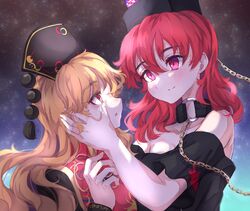  black_headwear black_shirt blonde_hair chain chinese_clothes chinese_hat crying hecatia_lapislazuli highres junko_(touhou) neold phoenix_crown polos_crown red_eyes redhead shirt tabard tears touhou wiping_tears 