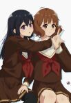  2girls ahoge black_hair brown_eyes brown_hair brown_serafuku brown_shirt closed_mouth curly_hair hand_on_another&#039;s_shoulder hibike!_euphonium highres kitauji_high_school_uniform kousaka_reina long_hair long_sleeves looking_at_viewer multiple_girls neckerchief oumae_kumiko pleated_skirt red_neckerchief sailor_collar school_uniform serafuku shirt short_hair sitting skirt smile v violet_eyes white_sailor_collar winter_uniform yoneyone_ya 