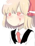  1girl black_vest blonde_hair blood blood_on_face closed_mouth collared_shirt highres long_sleeves medium_hair necktie ocha_(kinnkonnsousai) portrait red_eyes red_necktie rumia shirt simple_background solo touhou vest white_background white_shirt 