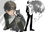  amamiya_ren bag black_cat black_eyes black_hair black_jacket cat closed_mouth glasses hands_in_pockets highres jacket kra_0056 long_sleeves male_focus morgana_(persona_5) multiple_views parted_lips persona persona_5 school_bag school_uniform shuujin_academy_school_uniform simple_background sketch standing white_background 