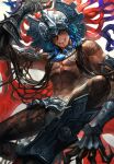  1boy black_eyes black_hair black_loincloth braid camazotz_(fate) dark-skinned_male dark_skin fate/grand_order fate_(series) full-body_tattoo headpiece highres jewelry kageco loincloth long_hair looking_at_viewer male_focus maya_(culture) multiple_braids sharp_teeth simple_background smile solo tattoo teeth topless_male white_background 