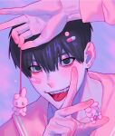  1boy bandaid bandaid_on_cheek bandaid_on_face black_eyes black_hair blush earrings gyuing666 hair_ornament highres holding jewelry looking_at_viewer male_focus original pink_shirt shirt short_hair simple_background smile solo tongue tongue_out 