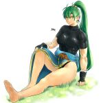  1girl absurdres black_leotard clothes_removed feet fire_emblem fire_emblem:_the_blazing_blade gloves grass green_eyes green_hair highres legs leotard lyn_(fire_emblem) muscular on_floor ponytail thighs 