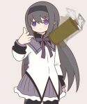 1girl akemi_homura black_hair black_hairband blush closed_mouth eminem_throwing_a_fat_rat_(meme) hairband jacket jitome long_hair long_sleeves mahou_shoujo_madoka_magica mahou_shoujo_madoka_magica_(anime) meme neck_ribbon purple_ribbon ribbon smoke_grenade solo standing throwing violet_eyes white_jacket yuno385