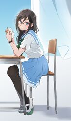  1girl :o absurdres black_hair black_pantyhose blue_eyes blue_sailor_collar blue_skirt book commentary curtains desk glasses green_neckerchief hair_between_eyes hibike!_euphonium highres holding holding_book indoors kitauji_high_school_uniform long_hair looking_at_viewer neckerchief ogura_(sao_no) on_chair over-rim_eyewear pantyhose parted_lips pleated_skirt red-framed_eyewear sailor_collar school_desk school_uniform semi-rimless_eyewear serafuku shadow shirt shoes short_sleeves sitting skirt solo summer_uniform tanaka_asuka uwabaki watch watch white_shirt 