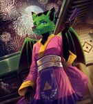  absurdres animal_ears architecture blue_eyes east_asian_architecture fireworks furry green_fur highres japanese_clothes kimono moon non-web_source sparkitty wings yukata 