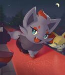  absurdres crescent_moon fang fennekin highres inkune looking_at_viewer moon night night_sky no_humans open_mouth outdoors pokemon pokemon_(creature) red_carpet sky tree zorua 
