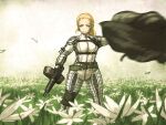  1girl blonde_hair blue_eyes bodysuit cloak field flower flower_field gun highres ironlily looking_at_viewer metal_gear_(series) metal_gear_solid_3:_snake_eater the_boss weapon white_flower 