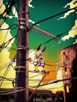  antennae arm_blade arms_at_sides building claw_(weapon) clouds commentary_request green_sky highres house humanoid_robot mecha medarot multicolored_sky no_humans orange_sky outdoors power_lines red_eyes robot rokusho_(medarot) sky solo standing ten_(prop03) utility_pole weapon 
