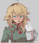  1girl aged_up blonde_hair blue_eyes brooch commentary cup english_commentary gloves grey_background grey_gloves highres holding holding_cup jewelry knuxy military military_uniform mug open_mouth simple_background solo tanya_degurechaff uniform upper_body youjo_senki 