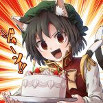  1girl :d animal_ear_fluff animal_ears cake cat_ears cat_tail chen earrings emphasis_lines food fruit green_headwear hat jewelry kusiyan long_sleeves mob_cap multiple_tails nekomata open_mouth orange_background plate red_vest short_hair smile solo strawberry strawberry_shortcake tail tongue touhou two_tails vest zuomerika 