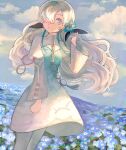  1girl blue_dress blue_flower blue_hair blue_sky clouds dress feet_out_of_frame field floating_hair flower flower_field gradient_dress hair_flower hair_ornament hair_over_one_eye hand_in_own_hair highres isekai_joucho kamitsubaki_studio light_smile long_hair looking_at_viewer multicolored_hair nuru_(ya0r0) outdoors pantyhose sky solo two-tone_dress two-tone_hair virtual_youtuber white_dress white_hair white_pantyhose 