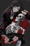  1girl black_gloves black_hair collar flower gloves highres jacket juicelooped long_hair long_sleeves looking_at_viewer project_sekai red_collar red_flower shiraishi_an skeleton solo white_flower 