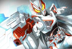  1boy aiming_at_viewer armor bodysuit cape city cityscape commentary driver_(kamen_rider) flaming_eye fox_mask geats_buster_qb9 glowing glowing_eyes gunblade helmet holding holding_sword holding_weapon kamen_rider kamen_rider_geats kamen_rider_geats_(series) kamen_rider_geats_ix light_particles male_focus mask miyabi_(037) solo sword weapon yellow_eyes 