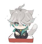  1boy ahoge alhaitham_(genshin_impact) animal_ears animalization aqua_eyes aqua_hair armlet asymmetrical_sidelocks black_gloves black_pants cable cape cat_ears cat_tail chest_jewel elbow_gloves furrowed_brow genshin_impact gloves gold_trim grey_hair hair_between_eyes hair_over_one_eye headphones highres looking_at_viewer male_focus multicolored_eyes multicolored_hair no_mouth noel_z one_eye_covered pants shirt short_hair sidelocks simple_background slit_pupils squatting sweat tail two-tone_hair white_background 