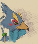  1boy beak bird_boy blue_fur blue_hair blue_scarf blush_stickers body_fur braid braided_ponytail closed_mouth commentary_request furry furry_male green_eyes hair_tie half-closed_eyes looking_to_the_side male_focus medium_hair partial_commentary portrait revali rito scarf sketch solo the_legend_of_zelda the_legend_of_zelda:_breath_of_the_wild two-tone_fur ukata white_fur yellow_background 