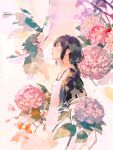  1girl apron flower hair_ornament hydrangea leaf looking_to_the_side original painting_(medium) perfectsunday pink_flower purple_flower sidelocks solo standing traditional_media watercolor_(medium) white_apron 