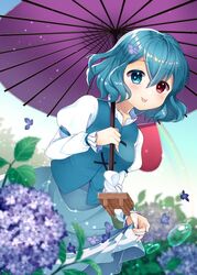  1girl blue_eyes blue_hair blue_skirt blue_vest breasts commentary_request cross-laced_clothes flower heterochromia holding holding_umbrella hydrangea juliet_sleeves karakasa_obake long_sleeves looking_at_viewer nekosugi_(hoshi) oil-paper_umbrella outdoors puffy_sleeves purple_umbrella red_eyes shirt short_hair skirt solo tatara_kogasa touhou umbrella vest white_shirt 