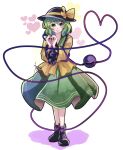  1girl black_footwear black_headwear bow closed_mouth full_body green_eyes green_hair green_skirt hat hat_bow heart heart_of_string highres komeiji_koishi looking_at_viewer one-hour_drawing_challenge shirt short_hair simple_background skirt solo third_eye touhou ukikasa19021 white_background yellow_bow yellow_shirt 