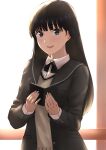  1girl :d amagami ayatsuji_tsukasa black_bow black_bowtie black_cardigan black_eyes black_hair blunt_bangs blush bow bowtie breasts brown_sweater_vest cardigan cellphone commentary dress_shirt fingernails highres holding holding_phone indoors kibito_high_school_uniform light_blush long_hair long_sleeves looking_at_viewer medium_breasts mori_heichi open_cardigan open_clothes open_mouth phone school_uniform shirt smartphone smile solo sweater_vest upper_body white_background white_shirt window 