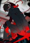  1boy amamiya_ren black_coat black_hair blurry blurry_background boots btmr_game calling_card coat eye_mask gloves gun hair_between_eyes handgun highres holding holding_gun holding_weapon long_sleeves looking_at_viewer male_focus mask open_clothes open_coat pants persona persona_5 red_eyes solo squatting twitter_username weapon white_mask window 