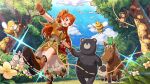  1girl animal black_bear brown_eyes brown_footwear dress flower forest happy idolmaster idolmaster_million_live! idolmaster_million_live!_theater_days long_hair nature official_art open_mouth orange_dress orange_hair pointing pointing_up shorts side_ponytail smile yellow_shorts 