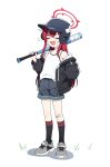 1girl bandaid bandaid_on_face bandaid_on_knee bandaid_on_leg baseball_bat baseball_helmet black_jacket blue_archive child_(isoliya) closed_eyes denim denim_shorts full_body halo hand_in_pocket helmet highres holding holding_baseball_bat jacket long_hair rabu_(blue_archive) red_halo redhead sharp_teeth shoes shorts smile sneakers solo straight_hair tank_top teeth tomboy very_long_hair white_tank_top