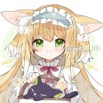  1girl animal_ear_fluff animal_ears arknights artist_name basket black_cat blonde_hair blue_hairband blush cat closed_mouth commentary crossover fox_ears fox_girl frilled_hairband frills green_eyes hair_ornament hair_scrunchie hairband holding holding_basket itsuki_02 looking_at_viewer luo_xiaohei luo_xiaohei_zhanji multicolored_hair neck_ribbon official_alternate_costume red_ribbon ribbon scrunchie shirt smile solo suzuran_(arknights) suzuran_(spring_praise)_(arknights) twitter_username two-tone_hair white_hair white_shirt 