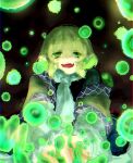  1girl artist_name black_background blonde_hair dark green_eyes highres looking_at_viewer medium_hair mizuhashi_parsee open_mouth parsee_day pointy_ears shee_take signature smile solo touhou 
