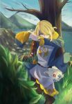  1boy against_tree bare_tree belt blonde_hair blurry blurry_foreground boots brown_bag brown_footwear bush day grass hair_over_one_eye hat hat_removed headwear_removed highres holding holding_clothes holding_hat jumpsuit long_sleeves male_focus nirugiri_(nirgy) outdoors pokemon pokemon_(creature) pokemon_(game) pokemon_legends:_arceus sitting togepi tree volo_(pokemon) 