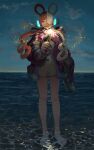  1girl absurdres arm_up bare_legs barefoot clouds cloudy_sky dress fireworks full_body giving hair_over_one_eye headgear highres holding jacket long_hair long_sleeves looking_at_viewer low_twintails multicolored_clothes multicolored_hair multicolored_jacket night ocean one_piece one_piece_film:_red open_mouth puffy_sleeves qrioic74 redhead short_dress sky smile sparkler standing twintails two-tone_hair uta_(one_piece) violet_eyes wading white_dress white_hair 