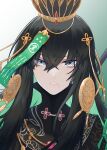  1girl absurdres black_hair china_dress chinese_clothes colored_inner_hair crown dress green_hair grey_eyes hair_between_eyes hair_ornament highres jewelry kongbai_huanxiang long_hair multicolored_hair parted_lips punishing:_gray_raven qu_(punishing:_gray_raven) sidelocks 