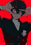  1boy amamiya_ren black_hair black_jacket btmr_game glasses hair_between_eyes hands_on_eyewear highres jacket long_sleeves looking_at_viewer male_focus persona persona_5 red_background red_eyes school_uniform shuujin_academy_school_uniform signature simple_background solo star_(symbol) twitter_username upper_body 