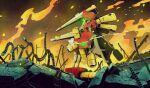  archbeetle clenched_hand commentary_request embers glowing glowing_eye green_eyes highres mecha medarot no_humans non-humanoid_robot robot rubble ruins smoke solo standing ten_(prop03) 