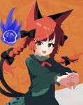  1girl :3 :d aika4472 animal_ears black_bow blunt_bangs bow braid cat_ears cat_tail commentary_request fang hair_bow hair_ribbon highres interlocked_fingers kaenbyou_rin light_blush long_hair looking_at_viewer multiple_tails nekomata open_mouth orange_background pink_eyes redhead ribbon simple_background skin_fang smile solo stretching tail touhou tress_ribbon twin_braids two_tails upper_body 