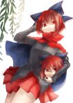  1girl artist_name bare_legs black_shirt blue_ribbon cape collared_cape hair_ribbon highres holding leaf looking_at_viewer medium_hair red_cape red_eyes red_skirt redhead ribbon sekibanki_day shee_take shirt signature skirt solo touhou white_background 