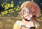  1girl alcohol animal_ears anniversary beer coroha dress extra_ears fox_ears fox_girl gloves grey_hair hat island_fox_(kemono_friends) kemono_friends kemono_friends_v_project long_hair multicolored_hair night open_mouth orange_hair ribbon sky smile solo star_(sky) starry_sky sundress two-tone_hair virtual_youtuber 