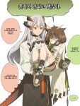  ... 2girls anger_vein anklet arknights bandaged_ankle barefoot brown_hair carrying commentary_request dragon_girl dragon_horns dragon_tail feather_hair glasses grey_hair hachi32gyi hair_between_eyes highres horns infection_monitor_(arknights) injury jacket jewelry korean_commentary korean_text long_hair long_sleeves looking_at_another multiple_girls orange_eyes orange_nails owl_ears owl_girl parted_lips plate_carrier princess_carry rhine_lab_logo saria_(arknights) short_hair silence_(arknights) simple_background speech_bubble spoken_ellipsis tail thighs toes white_background 
