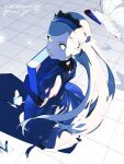  1girl blue_butterfly blue_dress book btmr_game bug butterfly closed_mouth dress from_above hairband holding holding_book lavenza_(persona_5) long_hair looking_at_viewer persona persona_5 puffy_sleeves signature solo standing twitter_username very_long_hair yellow_eyes 