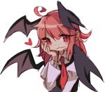  1girl :3 ahoge bat_wings black_vest black_wings closed_mouth collared_shirt hair_between_eyes hand_on_own_cheek hand_on_own_face head_wings heart juliet_sleeves koakuma long_hair long_sleeves looking_at_viewer necktie puffy_sleeves red_eyes red_necktie redhead shirt simple_background solo touhou upper_body vest white_background white_shirt wings zuomerika 
