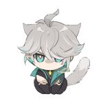  1boy ahoge alhaitham_(genshin_impact) animal_ears animalization aqua_eyes aqua_hair armlet asymmetrical_sidelocks black_gloves black_pants cable cape cat_ears cat_tail chest_jewel elbow_gloves furrowed_brow genshin_impact gloves gold_trim grey_hair hair_between_eyes hair_over_one_eye headphones highres looking_at_viewer male_focus multicolored_eyes multicolored_hair no_mouth noel_z one_eye_covered pants shirt short_hair sidelocks simple_background slit_pupils squatting tail two-tone_hair white_background 