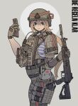  1girl absurdres ak-12 ammunition_pouch armor assault_rifle belt belt_pouch black_belt blue_shirt body_armor brown_gloves cable camouflage camouflage_pants circle closed_mouth combat_helmet commentary cowboy_shot cross digital_camouflage english_commentary folding_stock from_side german_text gloves green_eyes green_headwear grey_background grey_pants gun hair_between_eyes headwear_writing helmet highres holding holding_gun holding_magazine_(weapon) holding_weapon kalashnikov_rifle light_brown_hair light_smile long_hair looking_at_viewer magazine_(weapon) mechanical_arms military_operator orange_ribbon original pants plate_carrier pouch radio ranguage red_cross ribbon ribbon_of_saint_george rifle shirt shoulder_armor simple_background single_mechanical_arm sleeveless sleeveless_shirt snap-fit_buckle solo striped striped_ribbon striped_shirt suihei_(foltheck) tactical_clothes telnyashka thigh_pouch two-tone_ribbon two-tone_shirt undershirt urban_camouflage utility_belt weapon white_shirt 