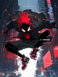  1boy bicio black_suit building formal highres looking_at_viewer marvel mask shoes shorts sneakers solo_focus spider-man:_across_the_spider-verse spider-man_(miles_morales) spider-man_(series) suit 