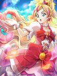  1girl blonde_hair blue_eyes blue_sky bow clear_glass_(mildmild1311) clouds cloudy_sky cowboy_shot cure_flora earrings flower flower_brooch flower_earrings flower_necklace gloves go!_princess_precure haruno_haruka highres jewelry long_hair magical_girl multicolored_hair open_mouth outdoors petals pink_bow pink_hair pink_skirt precure skirt sky smile solo streaked_hair two-tone_hair waist_bow waist_brooch white_gloves 