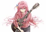  1girl absurdres arm_support black_skirt blue_eyes blush bocchi_the_rock! cube_hair_ornament electric_guitar gibson_les_paul gotou_hitori guitar hair_ornament highres instrument jacket long_hair looking_ahead one_side_up pink_hair pink_jacket simple_background sitting skirt sleeves_pushed_up solo straight_hair sweatdrop very_long_hair white_background zuzu_(wckd7545) 