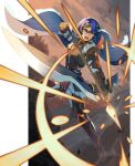  1boy alcryst_(fire_emblem) armor arrow_(projectile) black_gloves blue_hair bow_(weapon) cape circlet fire_emblem fire_emblem_engage full_body fur_trim gloves hair_between_eyes holding holding_bow_(weapon) holding_weapon male_focus open_mouth red_eyes short_hair shoulder_armor solo teo_(telo_ruka) weapon 