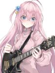  1girl ahoge blue_eyes blush bocchi_the_rock! closed_mouth cube_hair_ornament electric_guitar gotou_hitori guitar hair_between_eyes hair_ornament highres holding holding_instrument instrument jacket long_hair long_sleeves one_side_up pink_hair pink_jacket simple_background solo track_jacket upper_body white_background yukhoe_(kaje7pi) 