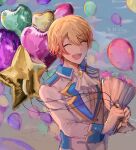  1boy ascot balloon blonde_hair bouquet closed_eyes collared_shirt commentary dated english_commentary facing_viewer gradient_hair hair_between_eyes heart_balloon highres holding holding_balloon holding_bouquet juicelooped long_sleeves male_focus multicolored_hair open_mouth orange_hair outdoors project_sekai shirt short_hair solo star_balloon tenma_tsukasa twitter_username upper_body 